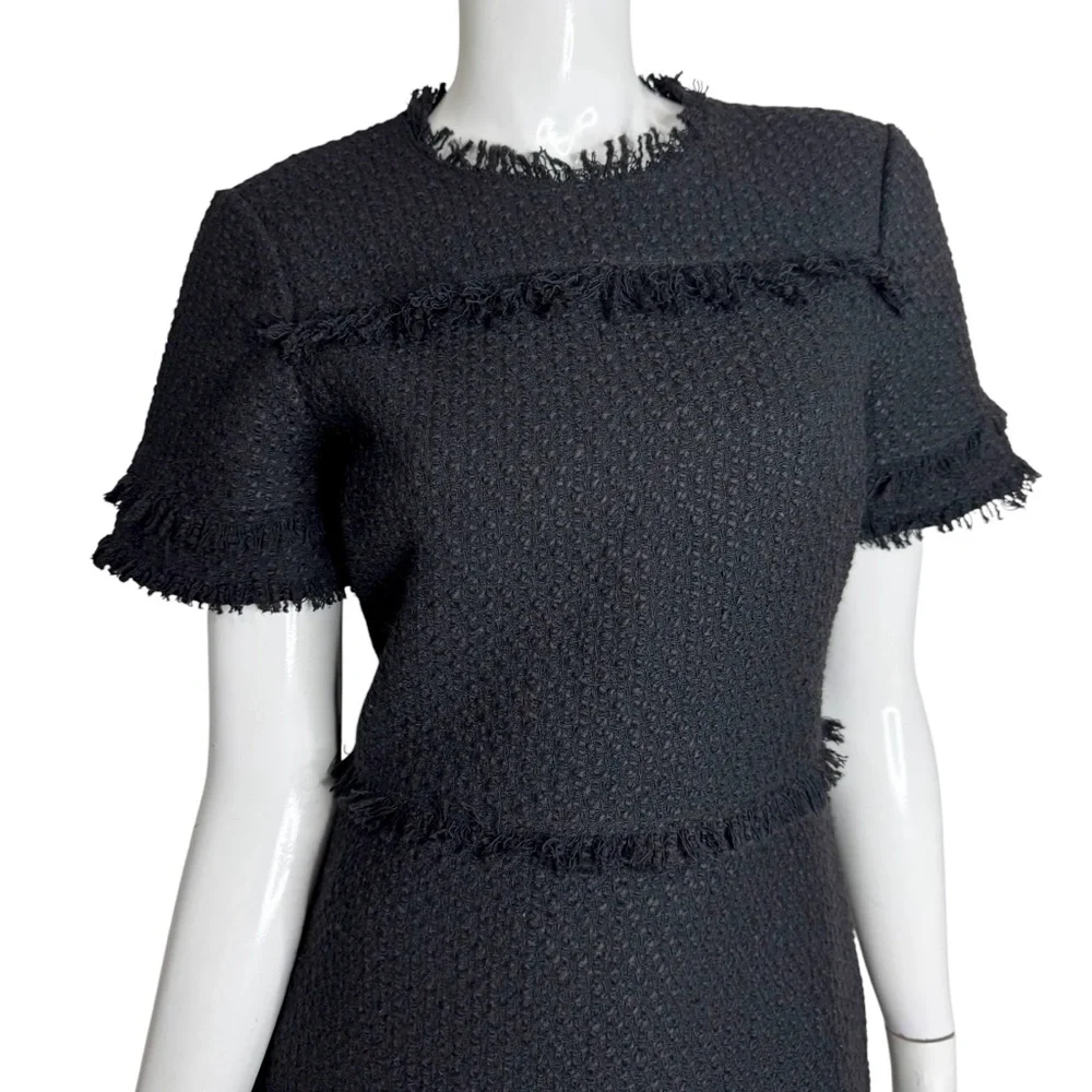 Kate Spade Black and Fringe Short Sleeve A-Line Tweed Midi Dress